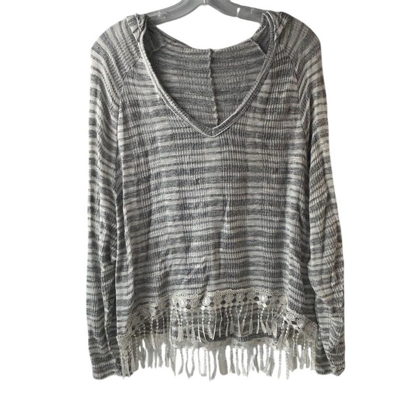 Poof Women's M Gray Striped Hooded Sweater with Fringe Trim - Picture 1 of 8